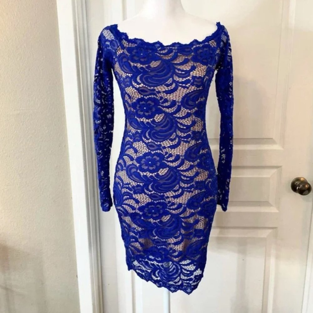 A’gaci royal blue long sleeve bodycon lace dress